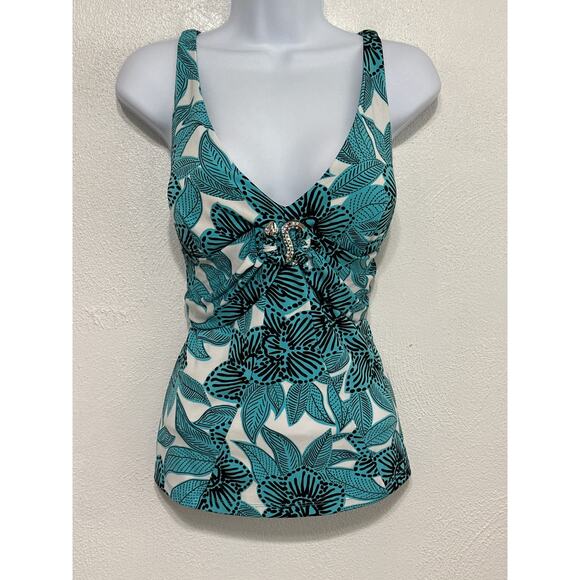 VTG 90s Y2K Cache Babydoll Tunic Top L Teal Tropical Snake Brooch Going Out - Picture 1 of 12